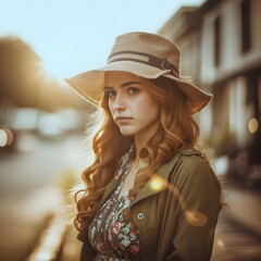 woman dressed in vintage style and hat, background street, front sun, bokeh and glare style, half body shot, high quality photo, stock photos