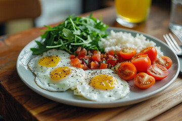 Clean healthy eating, healthy diet concept. Plate with eggs, rice and vegetables