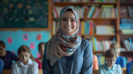 A smiling Arabican female teacher standing in front of students, in a school classroom with bookshelves behind her. Teachers day. Back to school. Student day