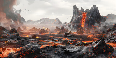 Beautiful active volcano lava panoramic landscape view for Create concept art for a mobile game set , volcano erupting from aerial point of view 

