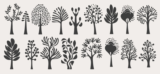Cartoon trees set isolated on a white background. Simple modern style. Cute tree silhouettes set, plants, forest, vector flat - obrazy, fototapety, plakaty