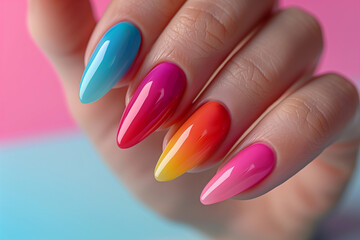 Hand with perfect rainbow colorful manicure