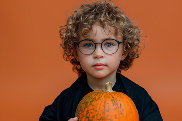 Cute little curly boy in glasses and black robe holding fancy pumpkin on orange background. Halloween concept.