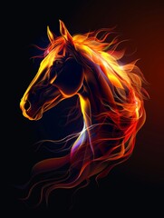 A horse's head is glowing brightly. A magical creature made of fire.
