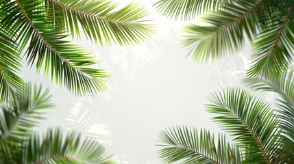A close up of a palm tree with its leaves spread out. The image has a calming and serene mood, as the palm tree's leaves create a sense of peace and tranquility