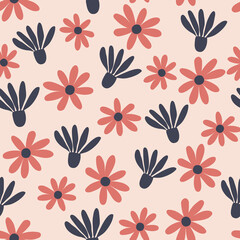 Seamless pattern with navy and red daisies on a cream background. Vector illustration.