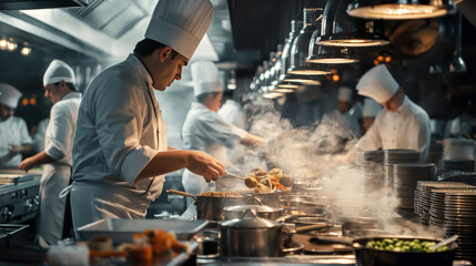 Professional chefs prepare dishes in a high-end, busy commercial kitchen environment with steam and bustle