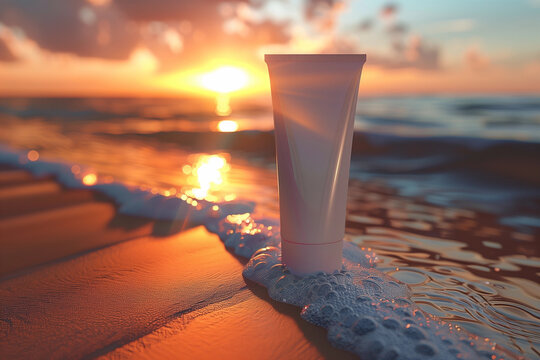 Protective Sunscreen Lotion mockup on the seasore