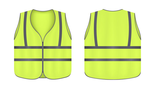 Safety vest jacket, isolated security, traffic and worker uniform wear. Realistic reflective vest front and back view safety jacket. Vector illustration