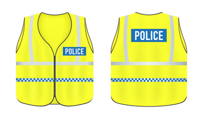 Safety reflective vest with label Police tag flat style, traffic and worker uniform wear. Realistic reflective vest front and back view safety jacket. Vector illustration