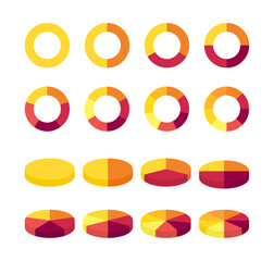 Pie charts diagrams. Set of different color circles isolated. Infographic element round shape. Collection of colorful diagrams with 1, 2, 3, 4, 5, 6, 7, 8 sections or steps. Vector illustration
