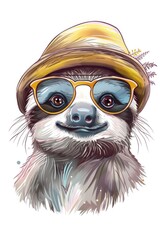 Fototapeta premium Sporting a sunny hat and sunglasses, this sloth is the picture of summer relaxation