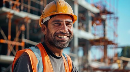 smiling worker with helmet on an unfinished construction site during the day - obrazy, fototapety, plakaty