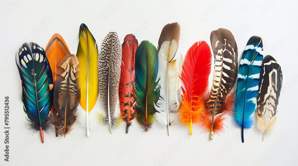 Poster feathers with a bohemian twist arranged in a captivating display on a pure white backdrop