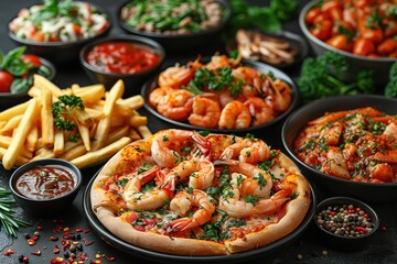 A table with various dishes including pizza, fried prawns and fries on black plates.