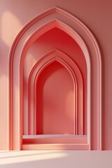 A coral-pink architectural geometric background with arches and shadows.