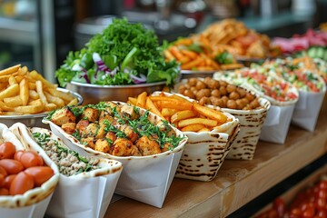 A variety of delicious food items on plates, including chicken shawarma pita with cheese and vegetables in white paper bags.