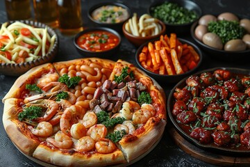 A variety of fast food dishes including pizza, fries and prawns on a black table with beer bottles.
