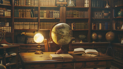 A rustic, vintage-style classroom with an old globe and books on the table, surrounded by shelves filled with historical items. Teachers day. Back to school. Student day