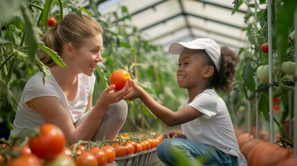Mother and Daughter Harvesting Tomatoes
