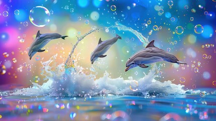  In a crystal-clear blue ocean, a pod of dolphins gracefully leap through the water, their sleek bodies cutting through the waves with ease.