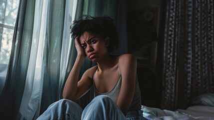 Obraz premium Woman Sitting Alone in Bedroom