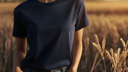 Women in field wearing black empty T-shirt   