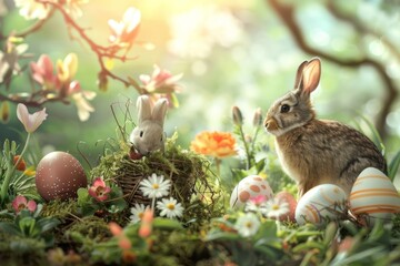 Festive Easter background with eggs, bunnies, and springtime scenery