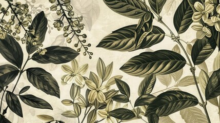 A lush green floral pattern fills the background, with delicate flowers blooming in various shades of green. 