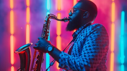African American handsome jazz musician playing the saxophone in the studio on a neon background