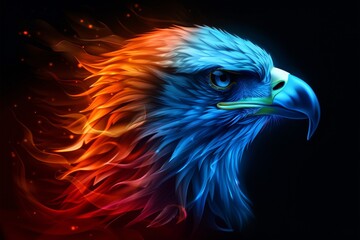 A close up of a bird of prey on a black background. A magical creature made of fire.