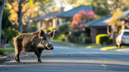 Wild Boar Roaming Suburban Street