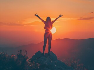 Silhouetted Figure Embracing the Vibrant Sunset on a Majestic Mountain Peak,Embodying the Pursuit of Dreams and Passions