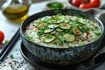 A bowl of white rice with cucumbers and green onions - obrazy, fototapety, plakaty