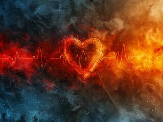 Vivid heart pulse against a fiery and icy background, contrasting emotions.