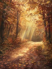 Autumn Pathway Covered in Fallen Leaves - Tranquil Forest Nature SceneGolden Foliage