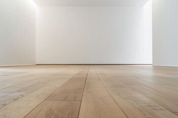 A minimalist stage set against a white blank background, featuring a sleek, polished wooden floor