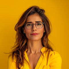Obraz premium Composed Latin Woman in Yellow Outfit with Glasses 