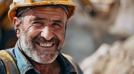 Fototapeta premium Worker with helmet smiling at camera on unfinished construction site