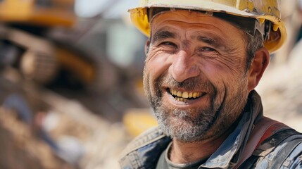worker with helmet smiling at the camera on an unfinished construction site with blurred background in high resolution - obrazy, fototapety, plakaty