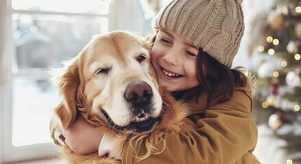 happy child hugging beloved dog at home