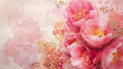 Pink flower background, large abstract flower, beautiful flower for backgroud, Watercolor pink gold flower abstract mural, peonies, tulips, rose