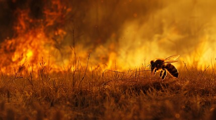 A bee flies through a field of grass as a wildfire burns in the background.