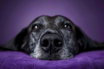 Close-up of a Labrador Retriever's face against a purple backdrop, evoking a strong connection with the observer, concept of loyalty and trust