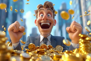 A rich man is sitting on a pile of gold coins and laughing. - obrazy, fototapety, plakaty