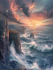 Panoramic Sunset View of Dramatic Coastal LandscapeRugged Cliffs.
