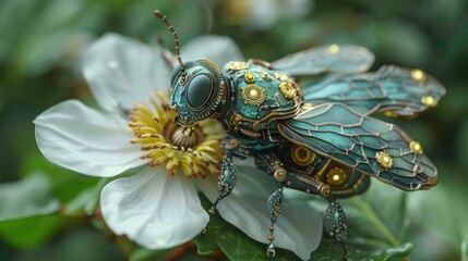 A steampunk bee pollinating a flower.