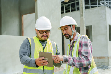 Two Asian adult males in safety vests and helmets stand by a building under construction, one holding a tablet, pointing and explaining. Architects and engineers supervise house construction.