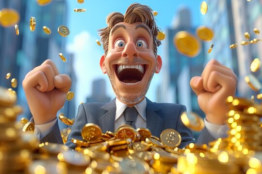 A rich man is sitting on a pile of gold coins and laughing.