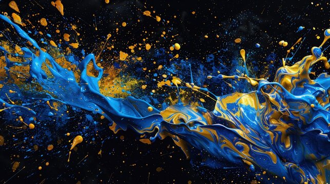 A burst of blue and yellow paint erupts from the darkness, spreading outward in a radiant explosion of color. 